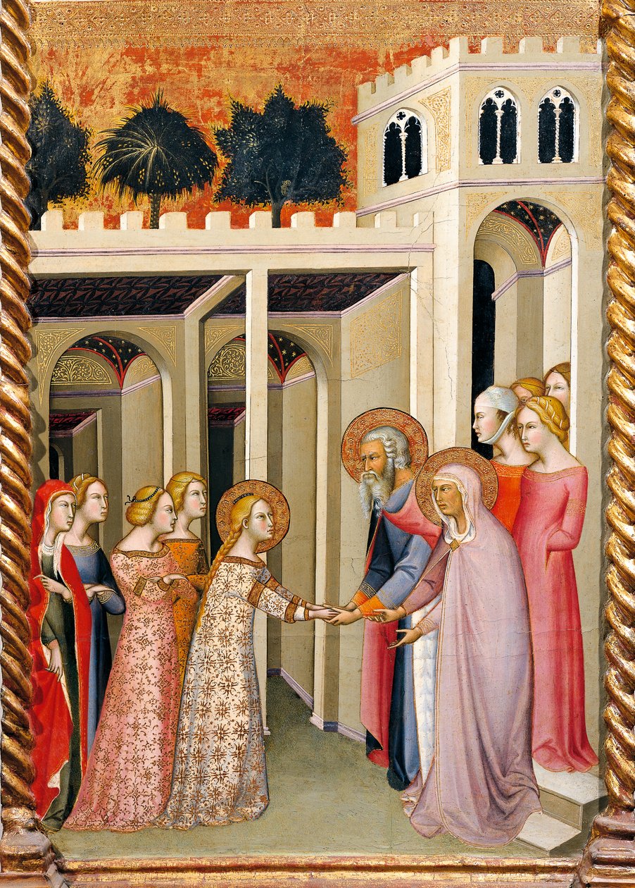 Dziewica Maryja ze św. Joachimem i św. Anną, fragment ołtarza przedstawiający Historie dziewicze Bartolo di Frediego (1330-1410) autorstwa also Manfredi de Battilori Bartolo di Fredi