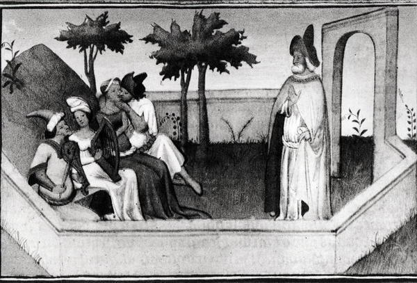 Ms Fr 2810 Jak Starzec z Gór przyjął wyznawców w ogrodzie, z Livre des Merveilles du Monde, ok. 1410-12 autorstwa and workshop Boucicaut Master