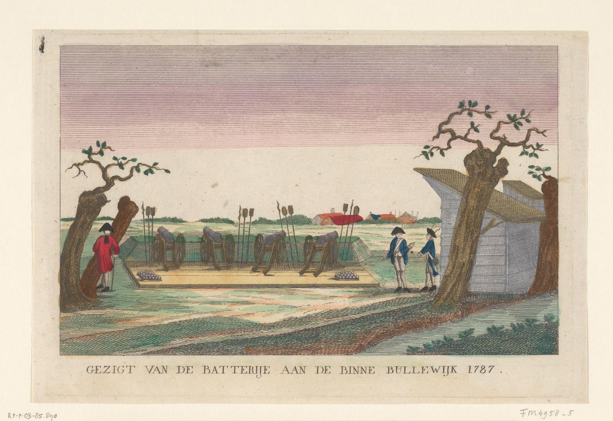 Bateria w Binnen Bullewijk, 1787 Widok baterii w Binne Bullewijk 1787 (tytuł na obiekcie) Baterie wokół Amsterdamu w 1787 r. (kopie niemieckie) (tytuł serii) autorstwa anonymous (attributed to)