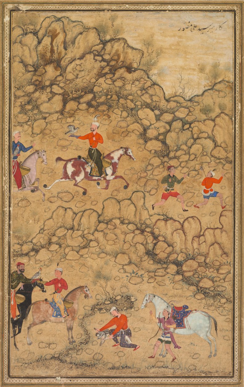 Polowanie z sokołami w krajobrazie; Verso: Kaligrafia tureckich wierszy Chaghatai na cześć wina, Sultan Muhammad Nur (perski, ok. 1472–1536) i Mirza Muhammad (prawdopodobnie perski, aktywny ok. 1520) autorstwa attributed to Abd al Samad (Persian, c. 1510–1600)