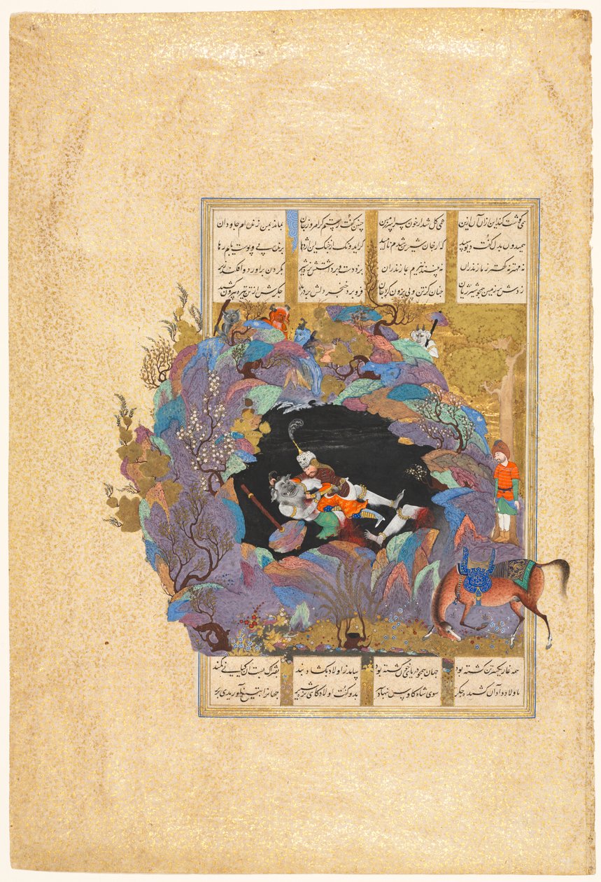 Siódmy kurs Rustama: Zabija Białego Div, folio 124 z Shah-nama (Księga Królów) z Firdausi (perski, około 934-1020) autorstwa attributed to Abd al Vahhab (Persian, active about 1516)