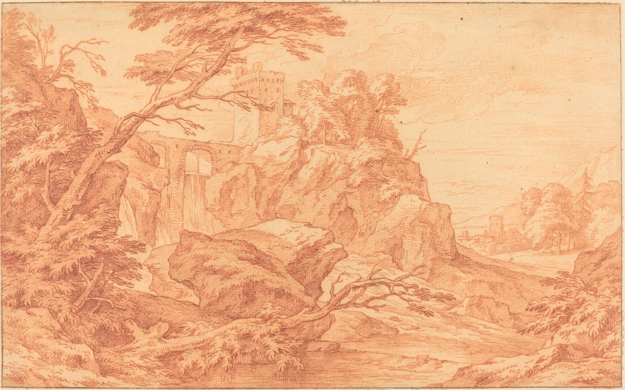 Skalisty krajobraz z kamienną wieżą i wodospadem autorstwa attributed to Adriaen Frans Boudewyns