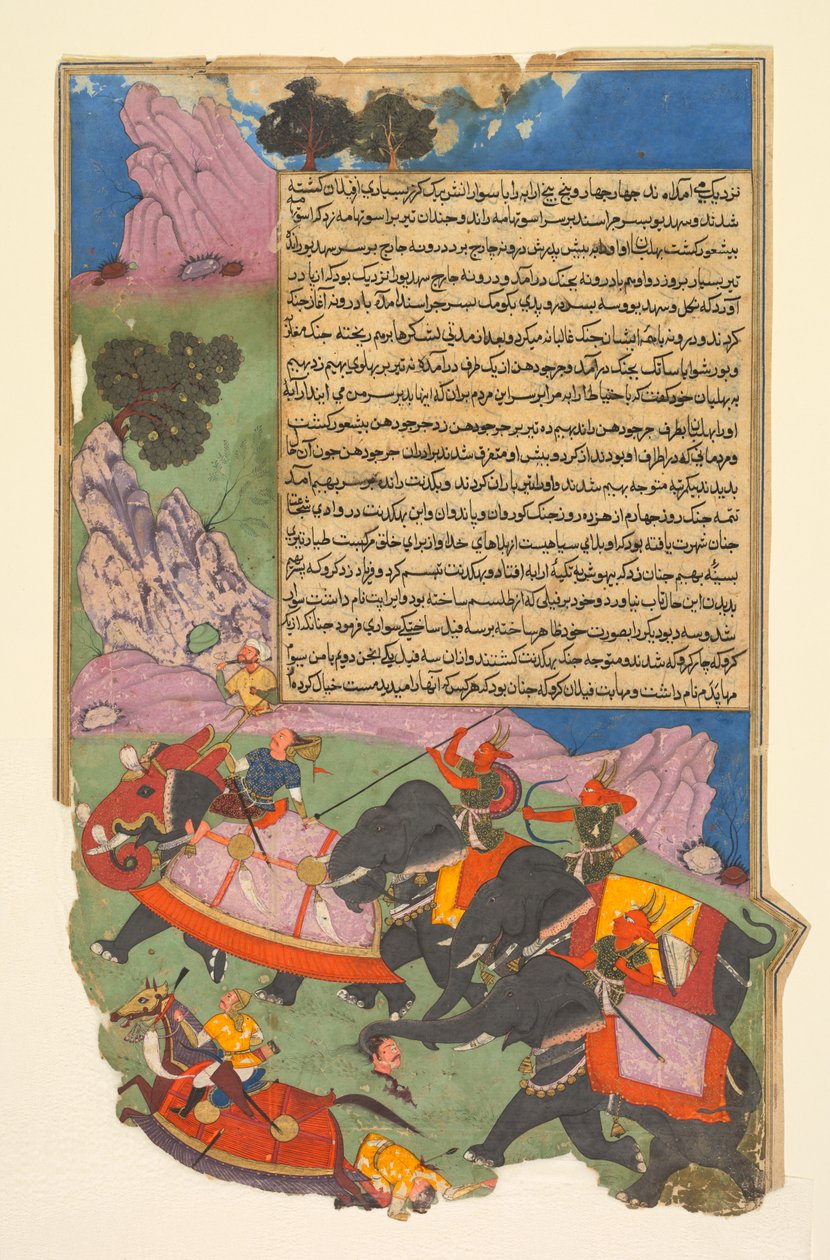 Ghatotkacha i trzy demony w jego towarzystwie ścigają Bhagadattę z Bhishma-parva (tom szósty) Razm-nama (Księgi wojen) zaadaptowanej z sanskryckiej Mahabharaty i przetłumaczonej na perski przez Mir Ghiyath al-Din Ali Qazvini, znanego jako Naqib Khan (persk autorstwa attributed to Fazl