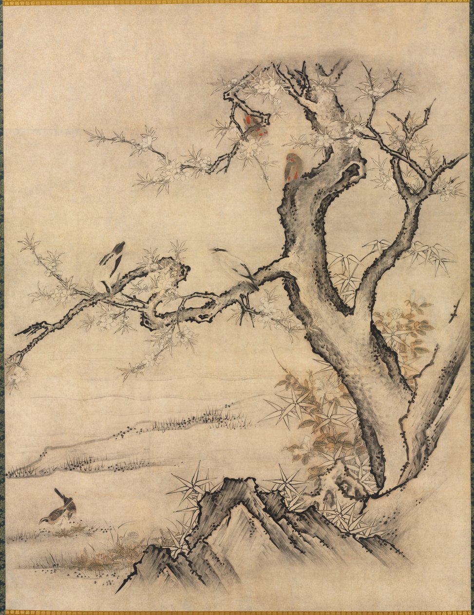 Kwiaty i ptaki w wiosennym krajobrazie autorstwa attributed to Kano Motonobu