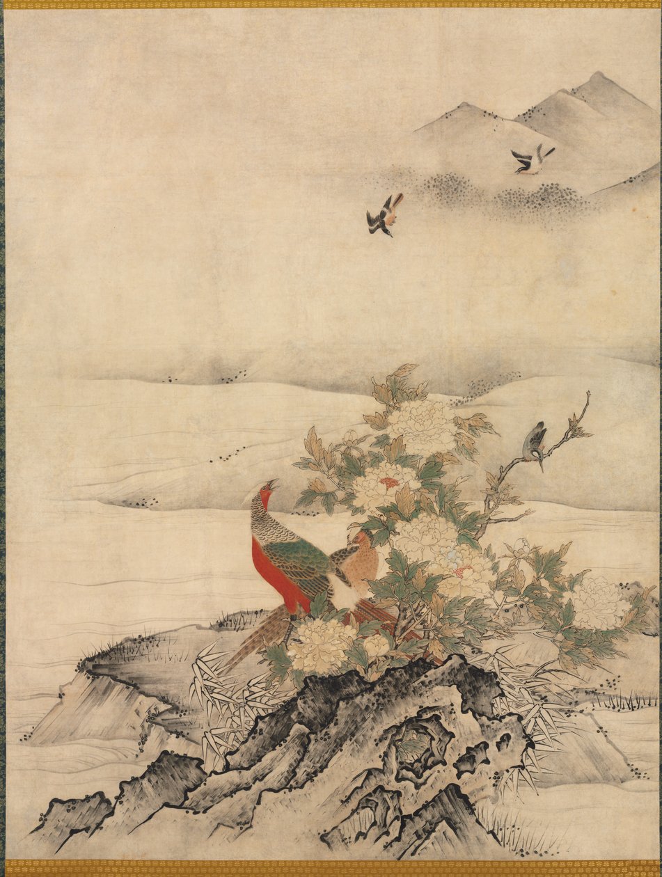 Kwiaty i ptaki w wiosennym krajobrazie autorstwa attributed to Kano Motonobu