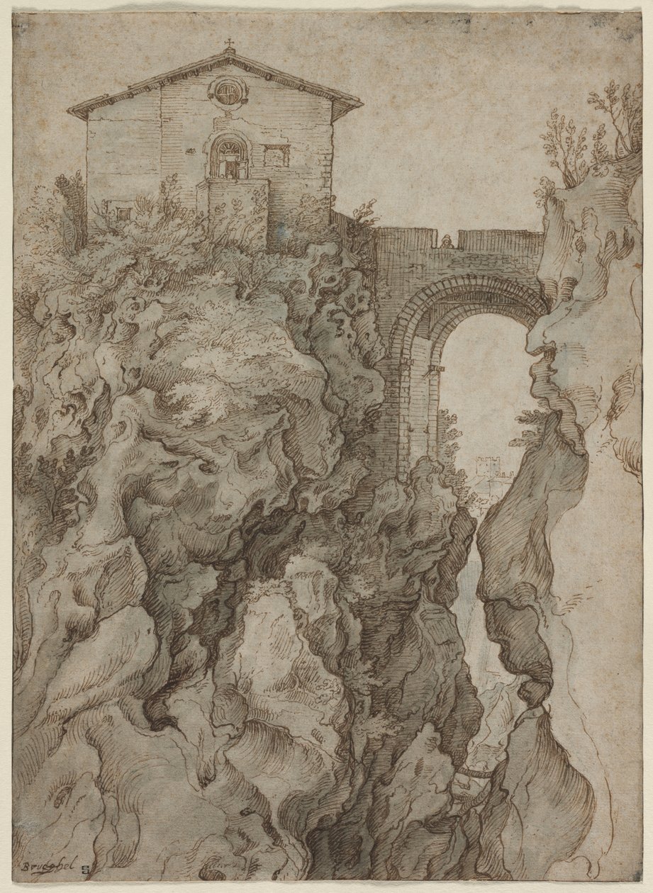 Ponte San Rocco w Tivoli autorstwa attributed to Willem van Niewlandt