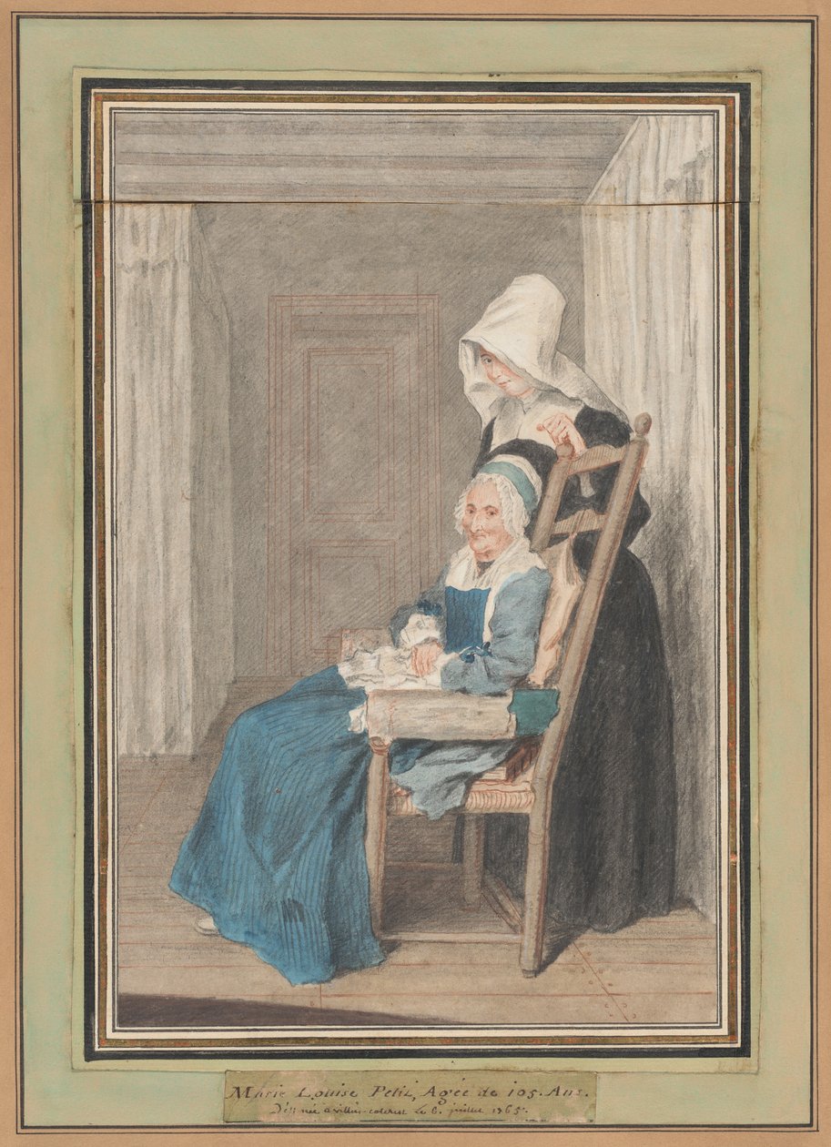 Marie Louise Petit w wieku 105 lat ze swoją młodą pielęgniarką autorstwa called Carmontelle Louis de Carrogis