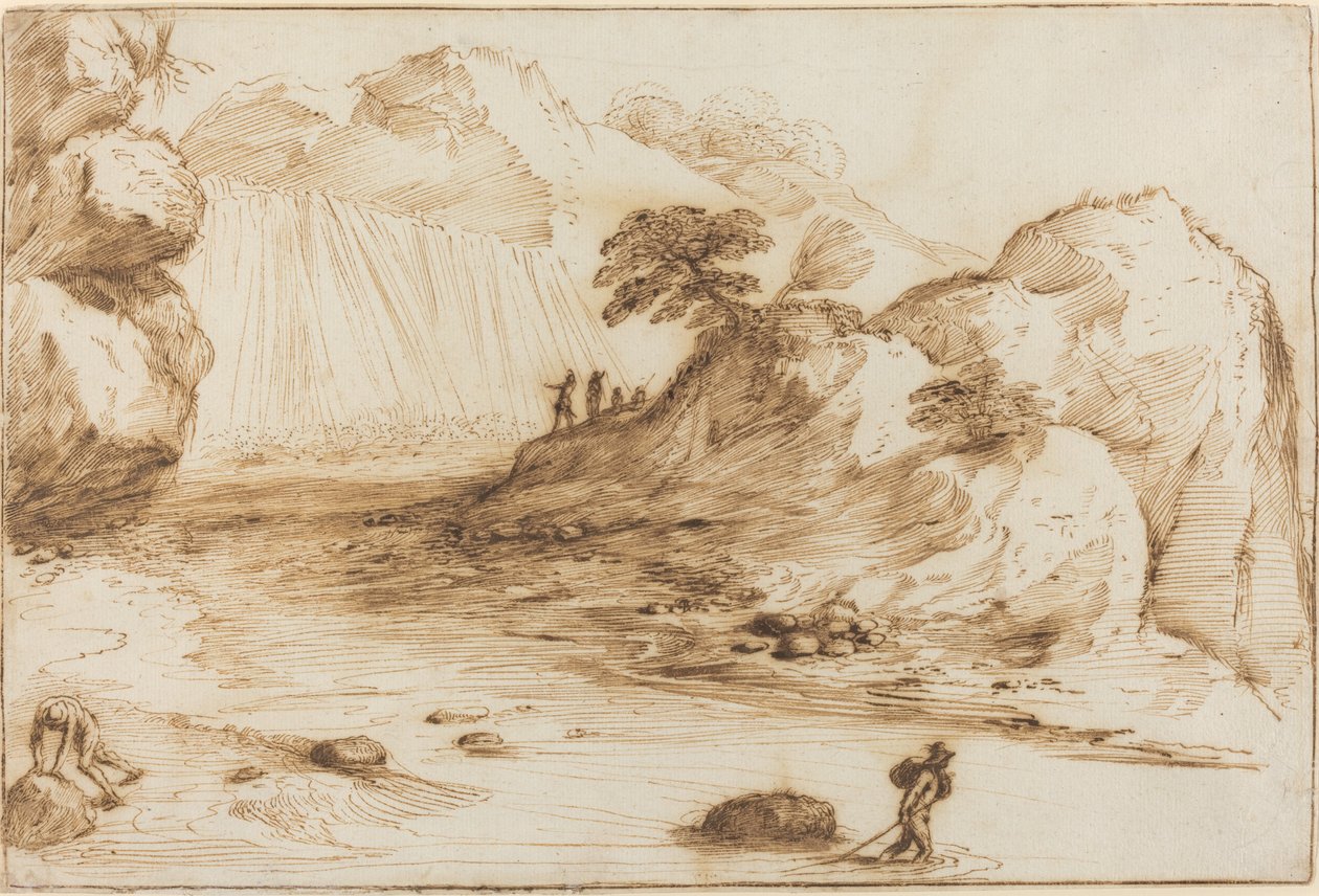 Krajobraz z wodospadem autorstwa called Guercino Giovanni Francesco Barbieri