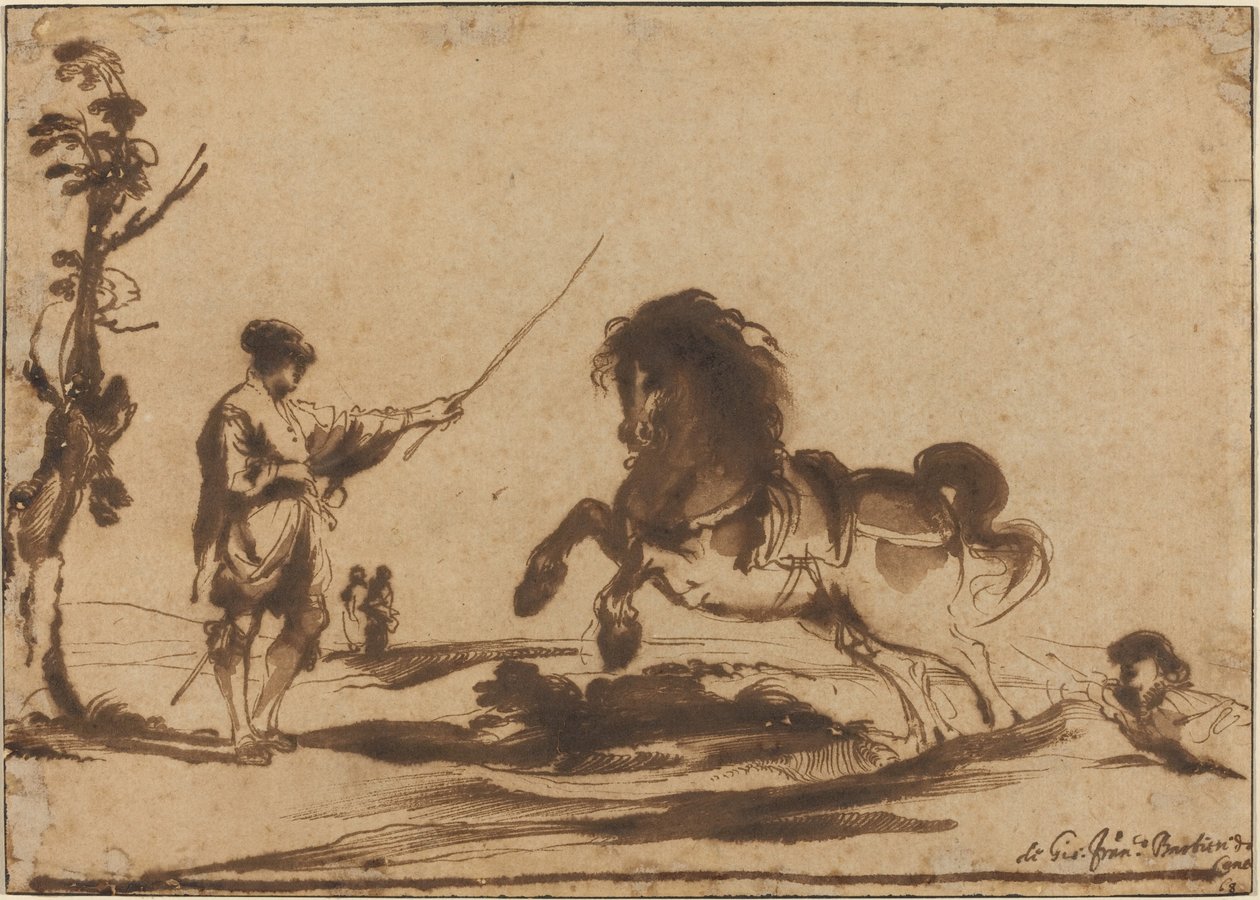 Krajobraz z poskromieniem konia autorstwa called Guercino Giovanni Francesco Barbieri