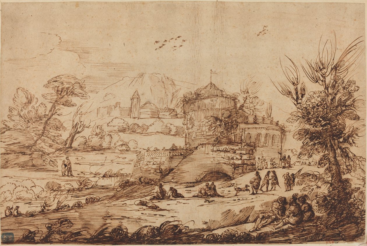Krajobraz z fortecą i rzeką autorstwa called Guercino after Giovanni Francesco Barbieri