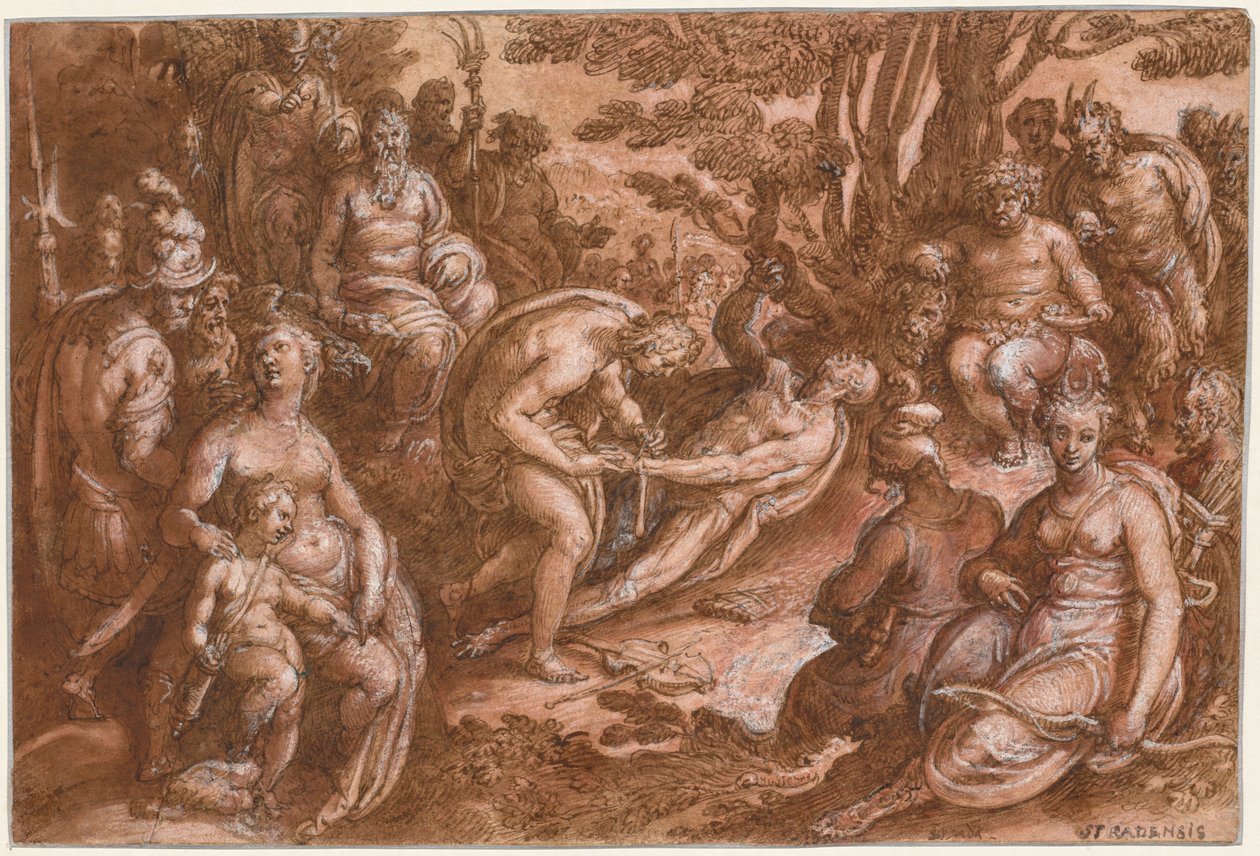 Obdzieranie ze skóry Marsjasza, c. 1570-1605. autorstwa called Johannes Stradanus Jan van der