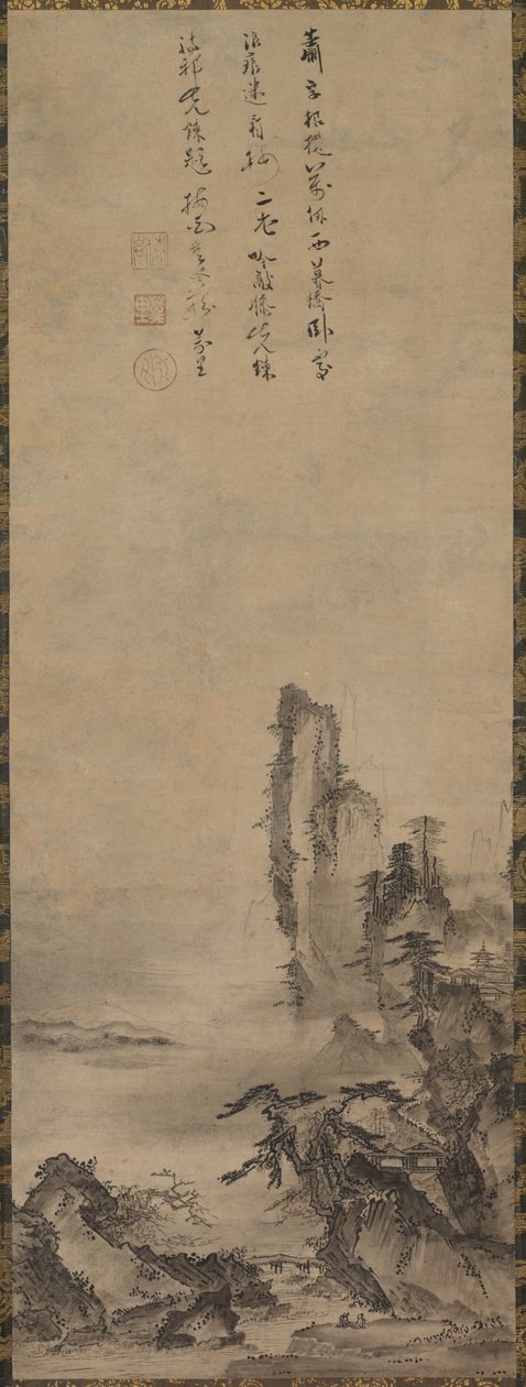 Samotna świątynia i wysoki klif autorstwa circle of Kenkō Shōkei