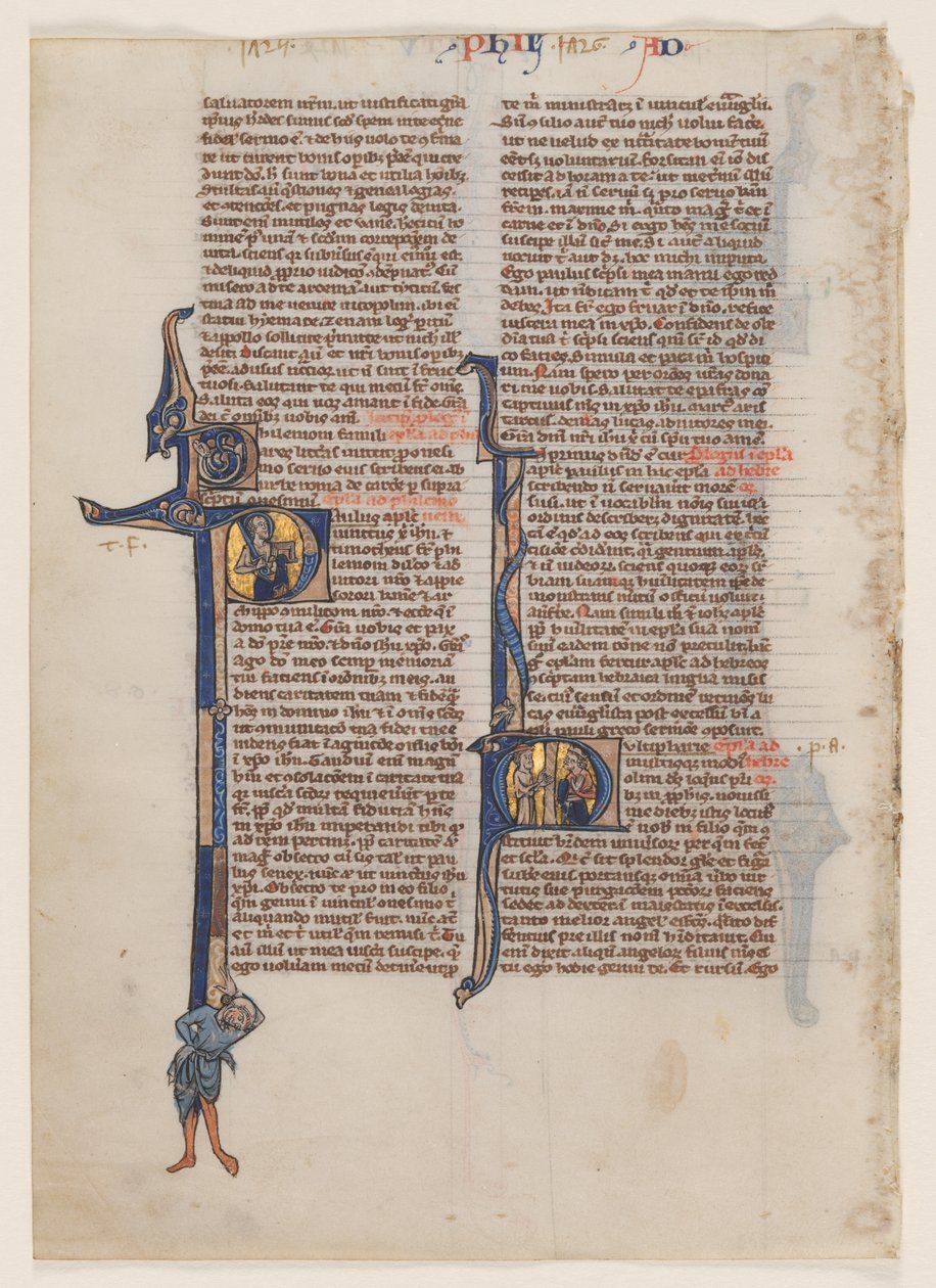 Kartka z Biblii łacińskiej: inicjał P: św. Paweł z mieczem i księgą autorstwa circle or workshop of William de Brailes