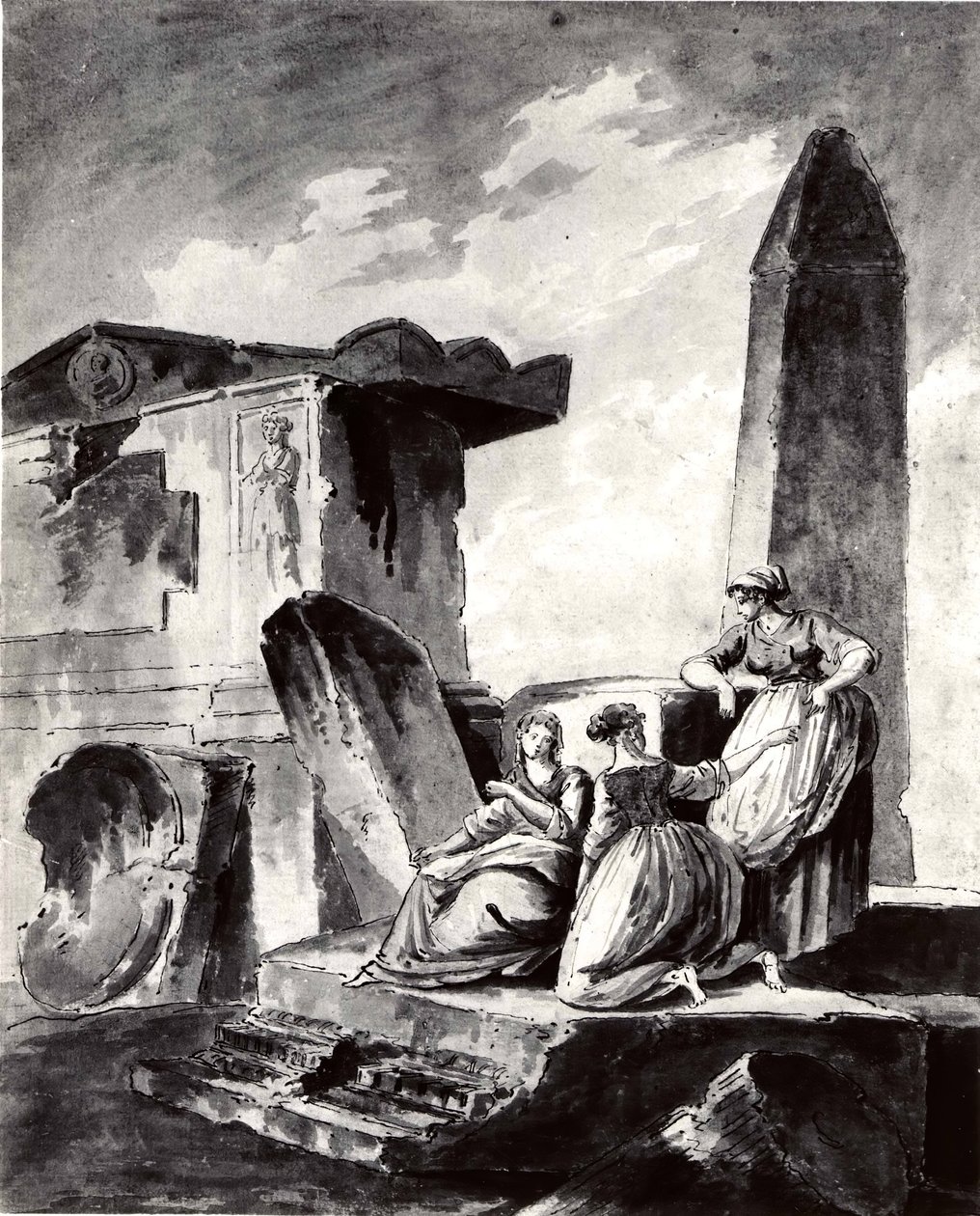 Trzy młode dziewczyny przy ruinach, ca. 1790. autorstwa copy after Hubert Robert.