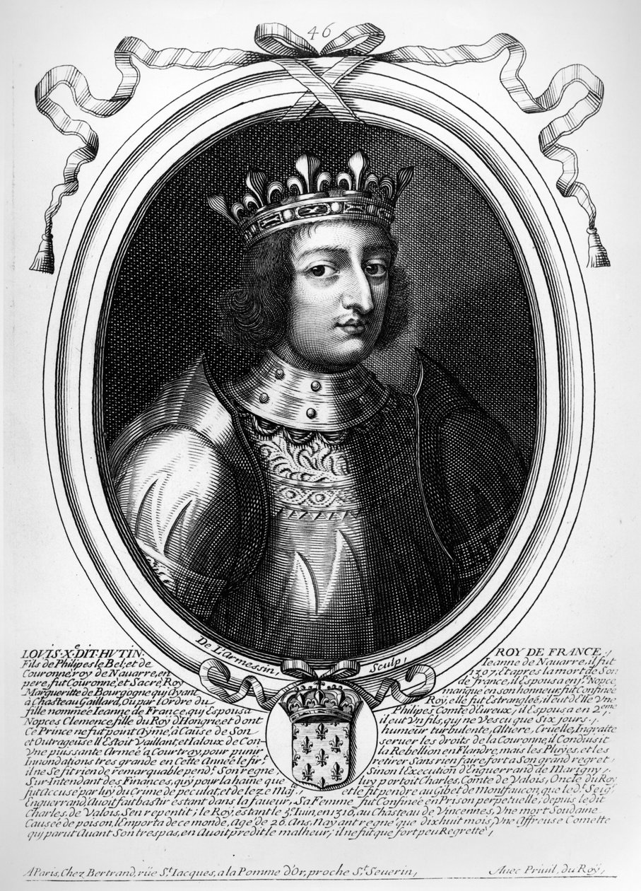 Ludwik X (1289-1316) Uparty, król Francji i Nawarry, z „Les Augustes Representations de tous les Rois de France od Faramonda do Ludwika XIV”, Paryż, 1679 autorstwa Nicolas II de Larmessin