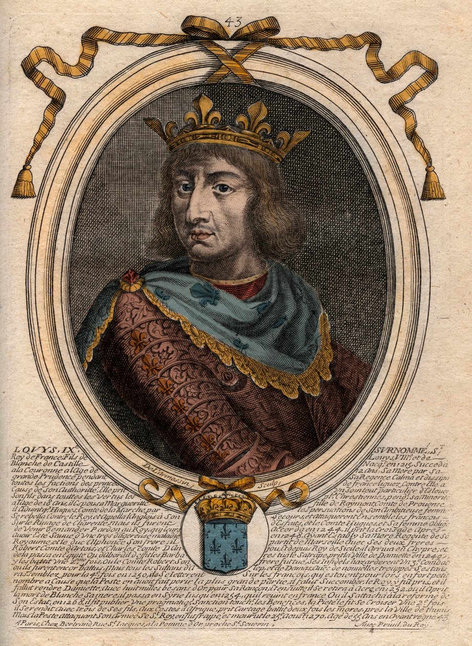 Portret Saint Louis (Saint-Louis, Louis IX (1214-1270) - Saint Louis IX (1214-1270) król Francji - grawerowanie z "Les Augustes Reprezentacje wszystkich królów Francji od Faramonda do Ludwika XIV", Paryż autorstwa de Larmessin