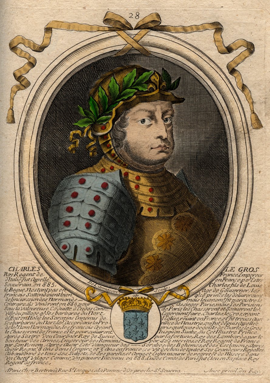 Dynastia Karolingów: Portret Karola III Le Gros (839-888) Król Franków - Karol III Gruby - rycina z 