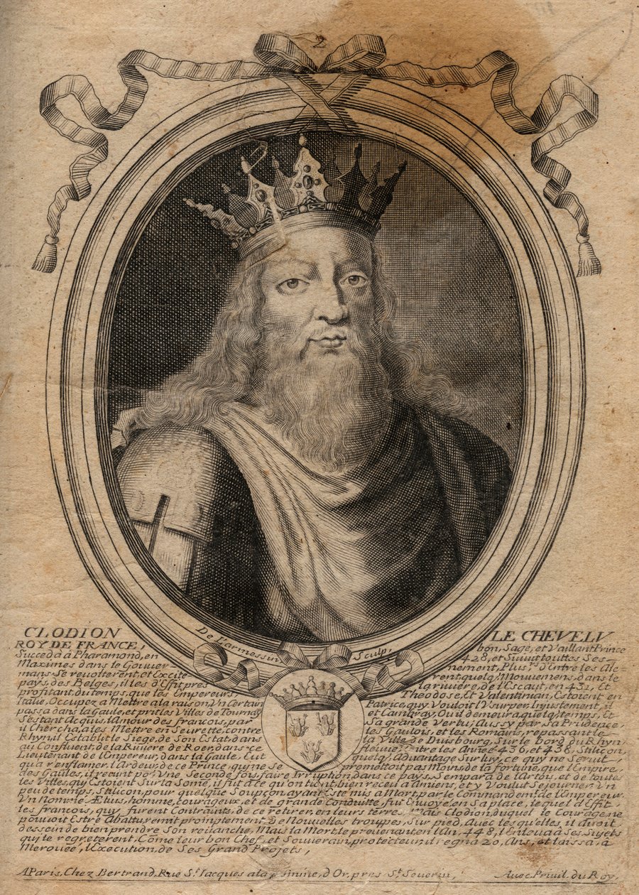 Clodion dit „”Le Chevelu”” (428-448), przodek Merowingów, wódz Franków Salian - Clodion Włochaty (ok.428-47) Król Plemienia Franków Salian - rycina z 