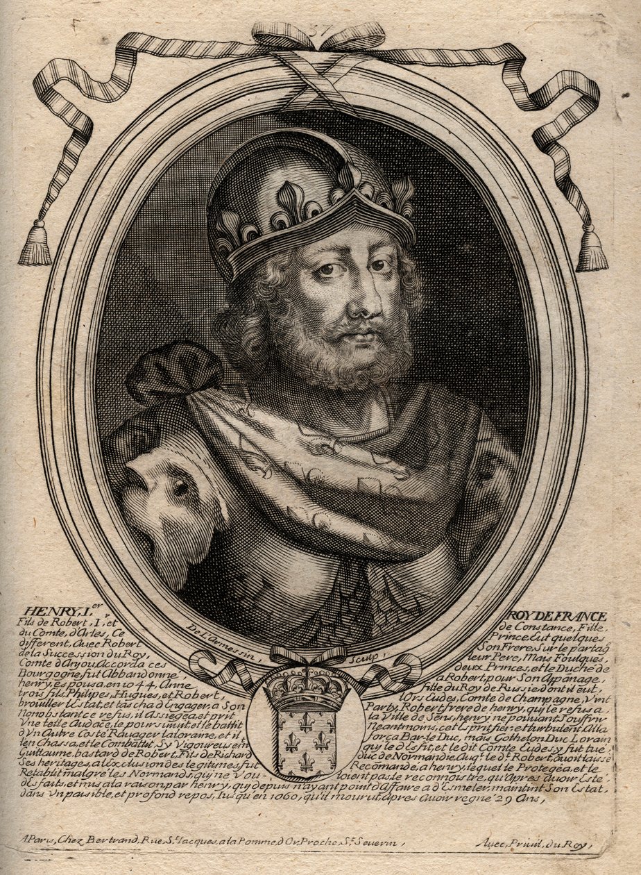 Dynastia Kapetów: Portret Henryka I (1009-1060), Króla Franków od 1031 do 1060 - Henryk I (1009-1060) Król Francji - rycina z 