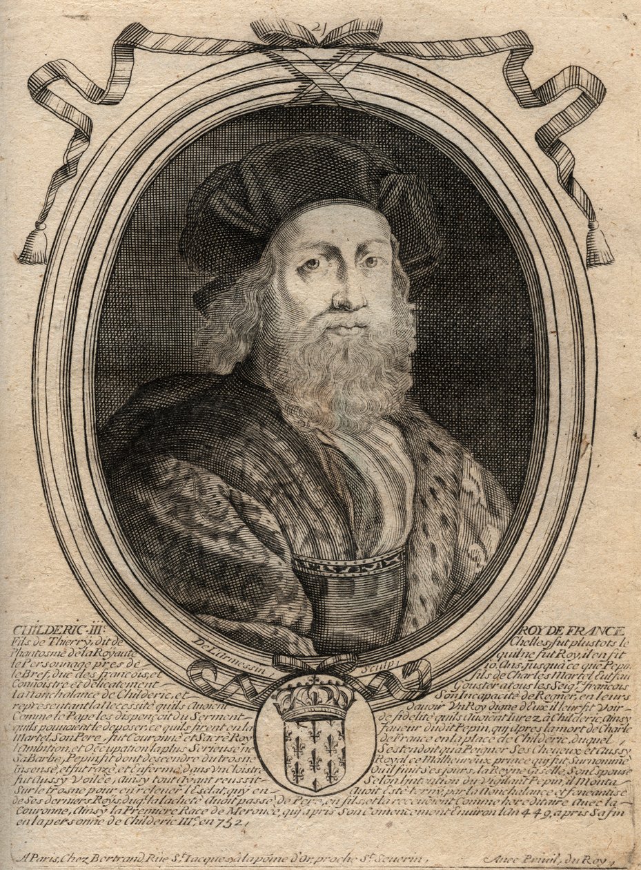 Dynastia Merowingów: Portret Childeryka III (714-755) Król Franków - CHILDERYK III (zm. 754) Król Franków, 741-751 i ostatni Merowingów - rycina z 