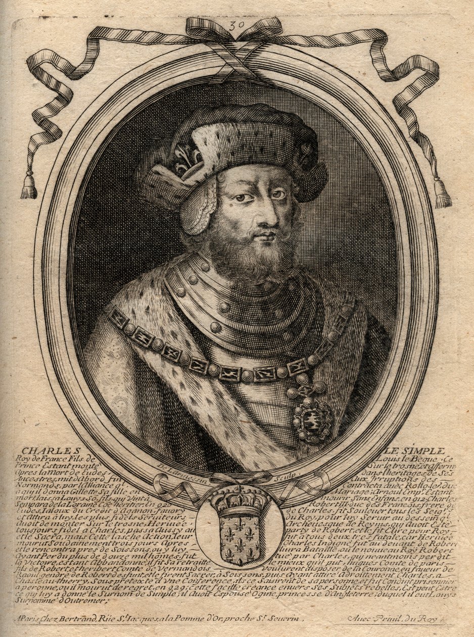 Portret Karola III dit le Simple (879-929), króla Franków - KAROL III (879-929) - Karol Prosty - król Francji, 893-923 - grawer z 