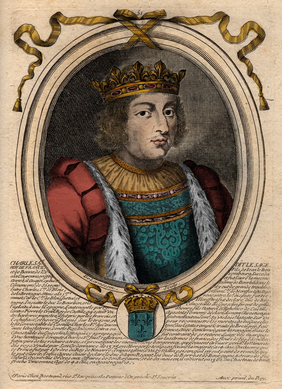 Portret Karola V Mędrca (1338 - 1380) - Karol V Mądry lub Karol V Mędrzec, Król Francji z Domu Walezjuszów - grawer z 
