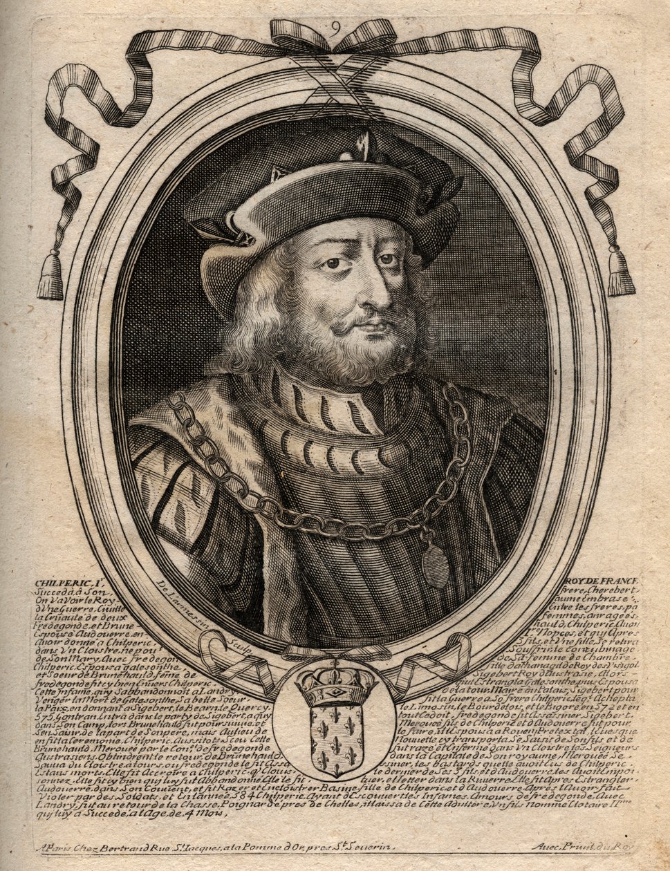 Portret Chilperika I (539 - 584), króla Neustrii - Chilperic I, króla Francji Merowingów - rycina z 