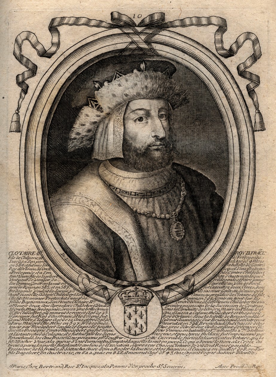 Portret Clotaire (Clothaire) II (584 - 628), Król Neustrii i Król Franków - Clotaire lub Chlotar II (zm. 629) Król Franków - rycina z 