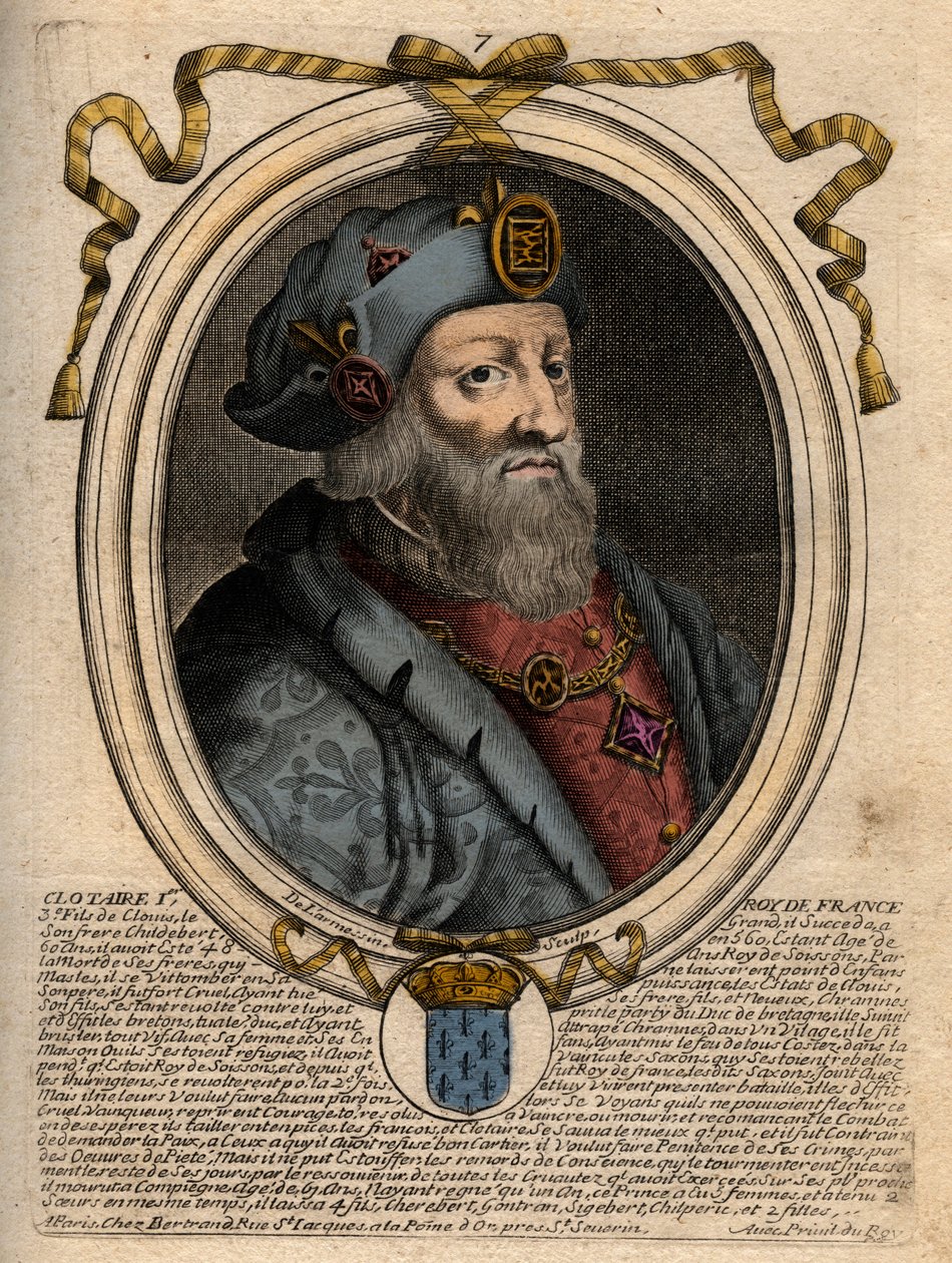 Portret Clotaire (Clothaire) I (497-561), króla Neustrii i króla Franków - Clothar I, King of the Franks - rycina z 