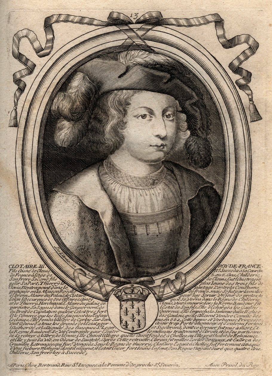 Portret Chlotara III (652 - 673), króla Neustrii i Burgundii - Chlotara III lub Chlotara III, króla Franków z rodu Merowingów - rycina z 