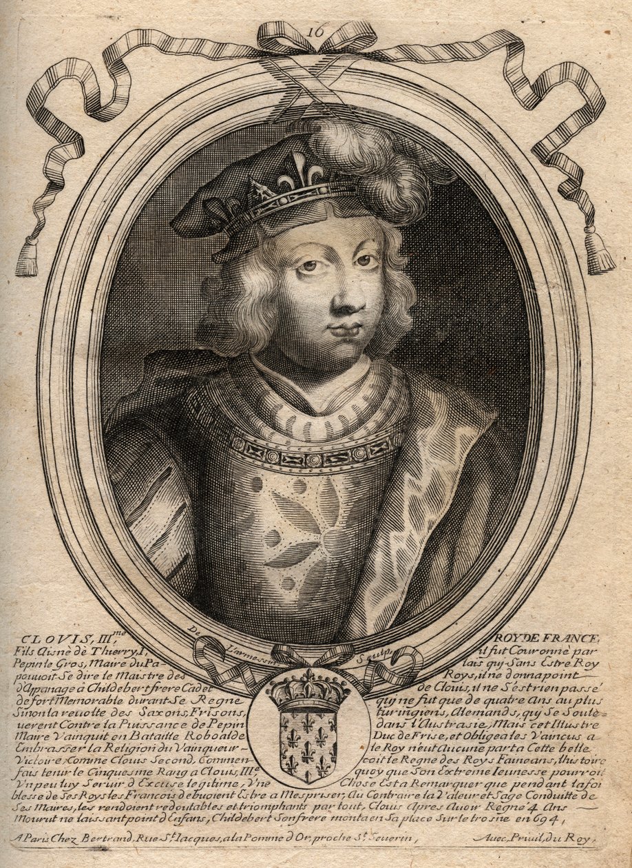 Portret Clovisa III, króla franków od 691 do 695 - CLOVIS III Merowingów króla Neustrii i Austrazji - rycina z 