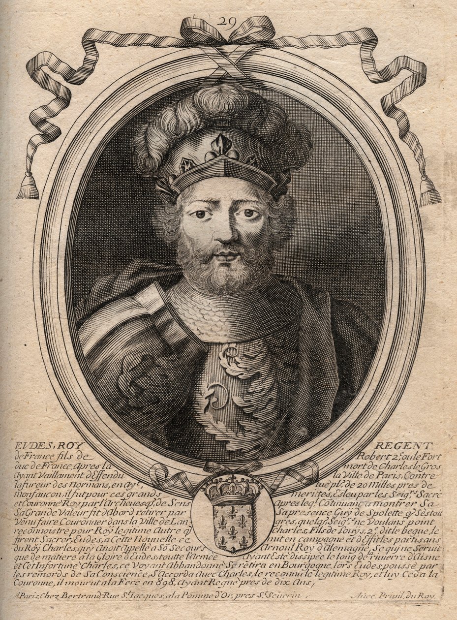 Portret Eudes (Odon) (w. 860 - 898), hrabiego Paryża i Troyes, ówczesnego króla Francji - EUDES hrabiego Paryża wybranego na tron francuski po obaleniu cesarza Karola - grawer z 