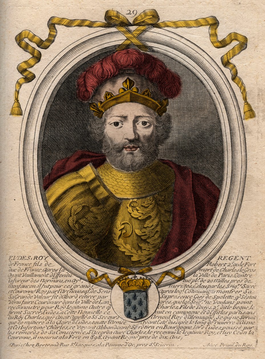 Portret Eudes (Odon) (w. 860 - 898), hrabiego Paryża i Troyes, ówczesnego króla Francji - EUDES hrabiego Paryża wybranego na tron francuski po obaleniu cesarza Karola - grawer z 