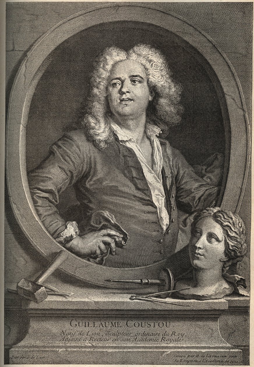Portret Guillaume Coustou (1677-1746) francuskiego rzeźbiarza - rycina Larmessina wg J.de Liena autorstwa de Larmessin