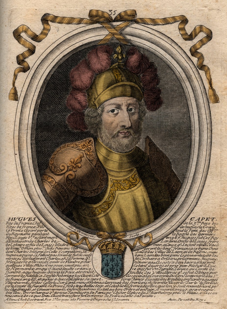 Portret Hugues I Capet (ok. 941 - 996), księcia Francji ówczesnego króla Francji - Portret Hugues I Capet (c941-996), króla Francji - rycina z 