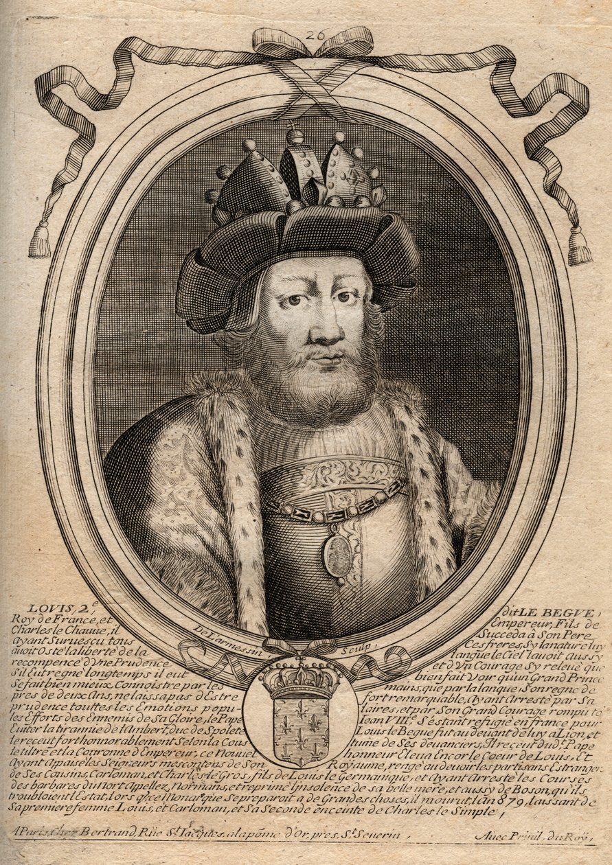 Portret Ludwika II Begue lub Faineant (846 - 879), Króla Franków - Ludwik II The Stammerer 848 do 879 - rycina z 