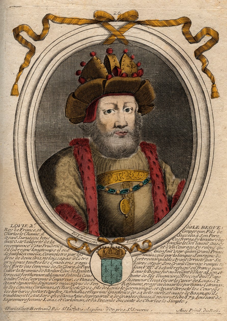 Portret Ludwika II Begue lub Faineant (846 - 879), Króla Franków - Ludwik II The Stammerer 848 do 879 - rycina z 