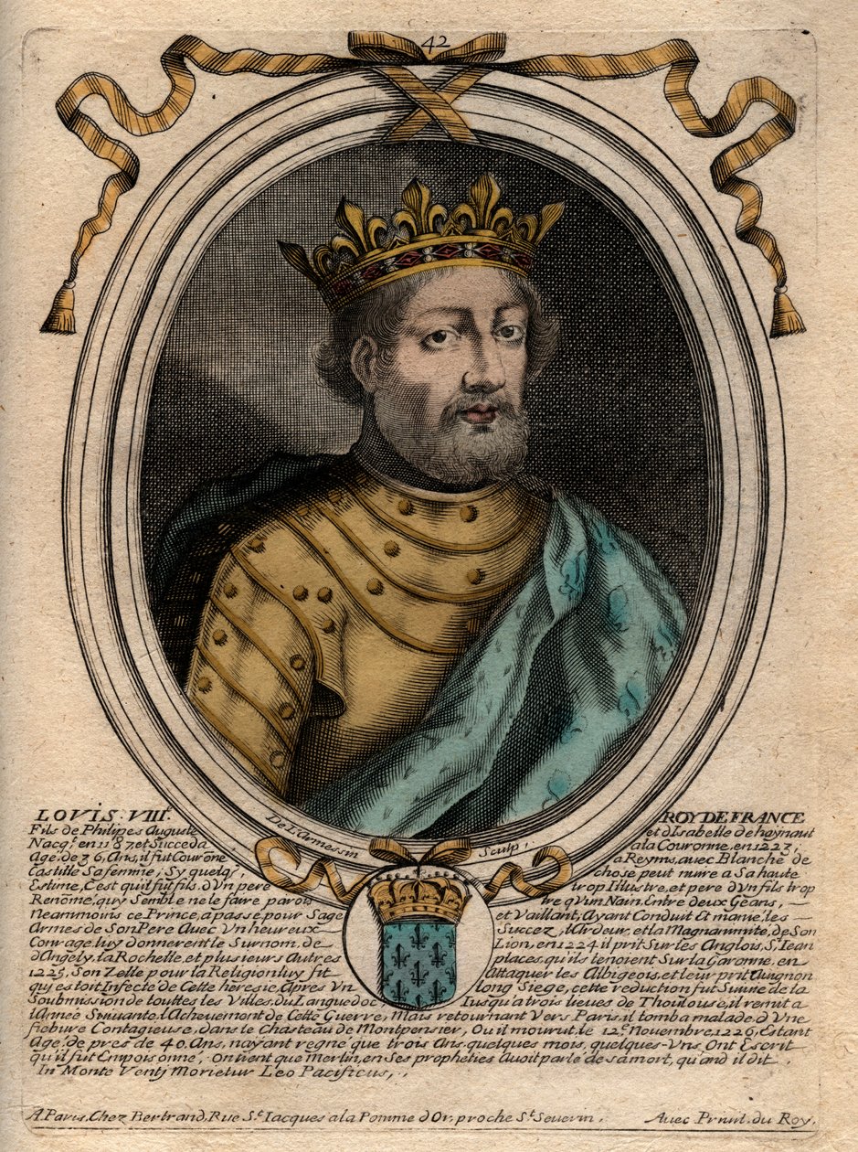 Portret Ludwika VIII (1187-1226), Króla Francji - Ludwika VIII (1187-1226) Króla Francji - Rycina z „”Les Augustes Reprezentacje wszystkich królów Francji od Faramonda do Ludwika XIV””, Paryż autorstwa de Larmessin