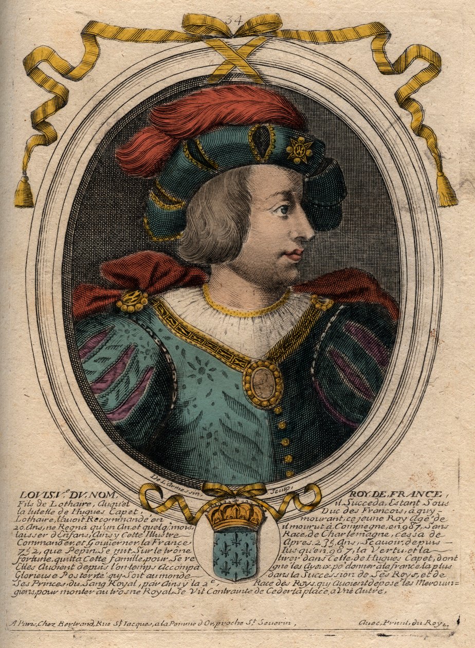 Portret Ludwika V Indolenta (967-987), króla Francji - Ludwika V Indolenta (967-987) grawerowanie z 