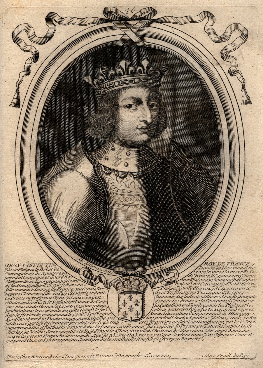 Portret Ludwika X Hutina (1289 - 1316), króla Francji - Ludwika X (1289-1316) Upartego, króla Francji i Nawarry - rycina z 