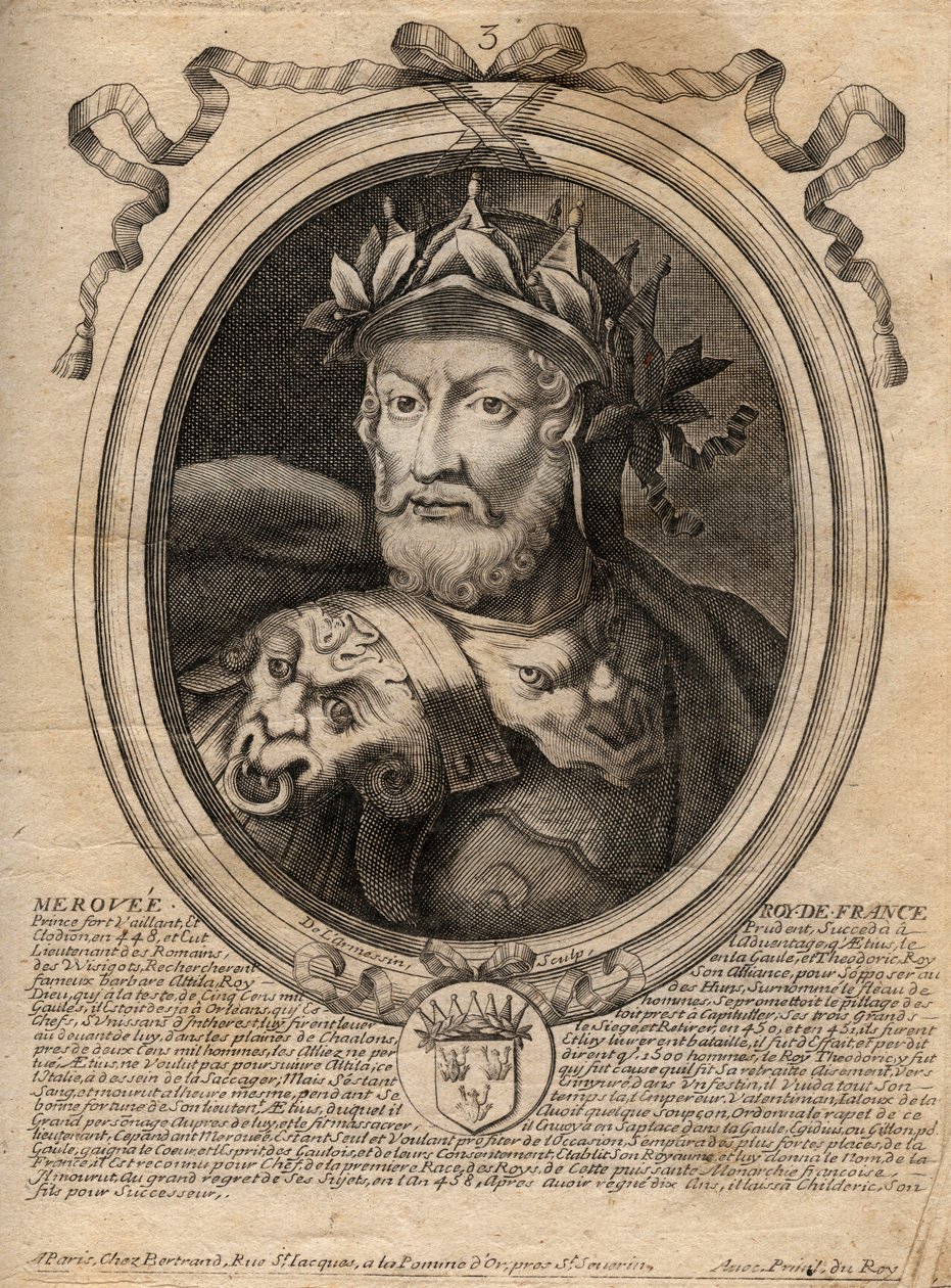 Portret Merovee lub Merovech Roi frank (v.458) 1. król rasy Merowingów - Portret Merovech (Meroveus) (zm.456) King of the Salian Franks - rycina z 