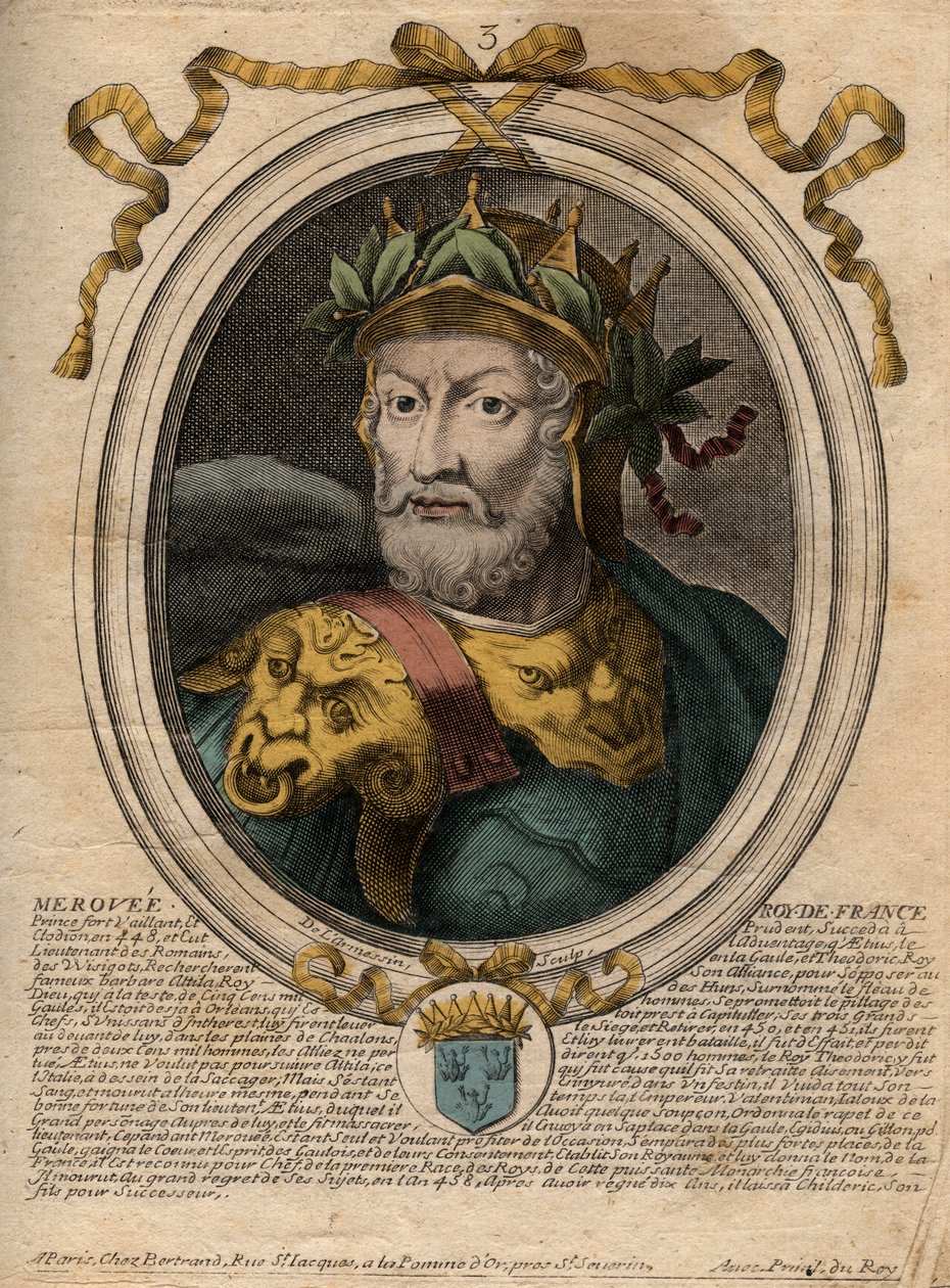Portret Merovee lub Merovech, król franków (v448-v458), pierwszy król rasy Merowingów - Portret Merovech (Meroveus) (d456) King of the Salian Franks - rycina z 