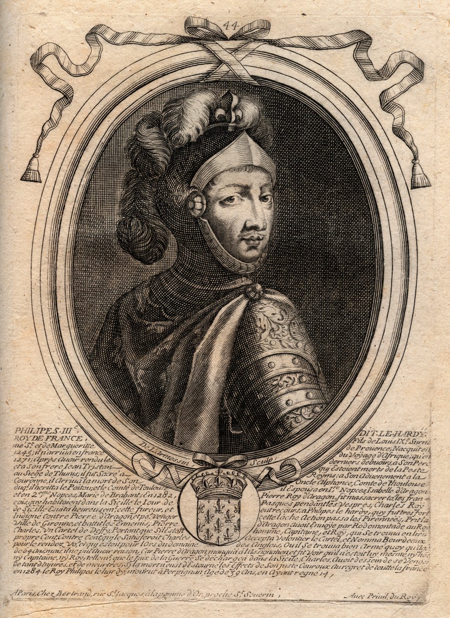 Portret Filipa III Francji, dit Philippe le Hardi (1245-1285) (dynastia Kapetyjczyków) - Filip III zwany Śmiałym Królem Francji - rycina z 