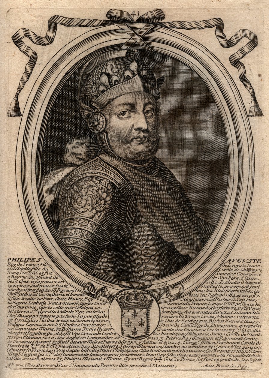 Portret Philipa II dit Philippe Auguste (1165-1223) - Philip Augustus II (1165-1223) King of France - grawerowanie z 