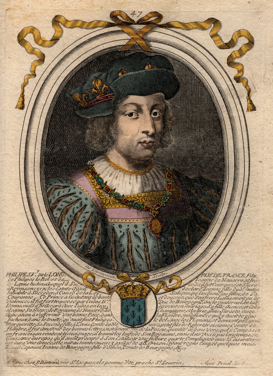 Portret Filipa V Długiego (1294-1322), króla Francji - Filipa V (1294-1322) "Wysoki" - grawer z "Les Augustes Reprezentacje wszystkich królów Francji od Faramonda do Ludwika XIV", Paryż autorstwa de Larmessin