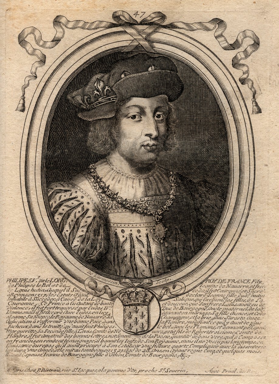 Portret Filipa V Długiego (1294 - 1322), Króla Francji - Filipa V (1294-1322) "Wysoki" - grawer z "Les Augustes Reprezentacje wszystkich królów Francji od Faramonda do Ludwika XIV", Paryż autorstwa de Larmessin