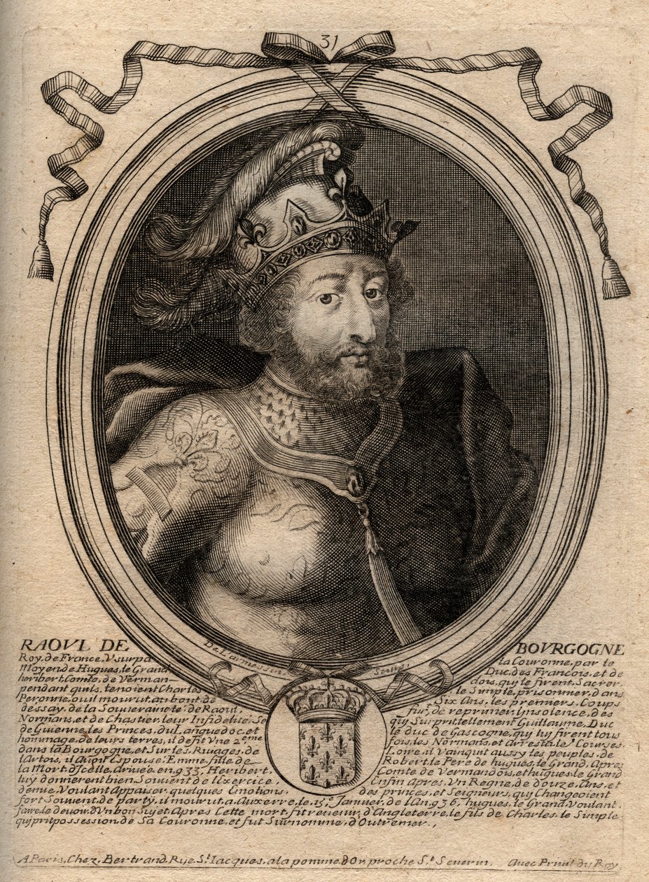 Portret Raoula Francji (lub Rodolphe, c. 890-936) Król Franków - Rudolph (Raoul, Rodolphe) Burgundii, król Francji (923-936) - grawerowanie z 