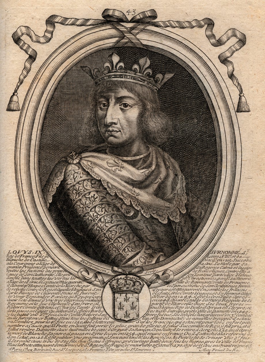 Portret Saint Louis (Saint-Louis, Louis IX (1214-1270) - Saint Louis IX (1214-70) król Francji - grawerowanie z "Les Augustes Reprezentacje wszystkich królów Francji od Faramonda do Ludwika XIV", Paryż autorstwa de Larmessin
