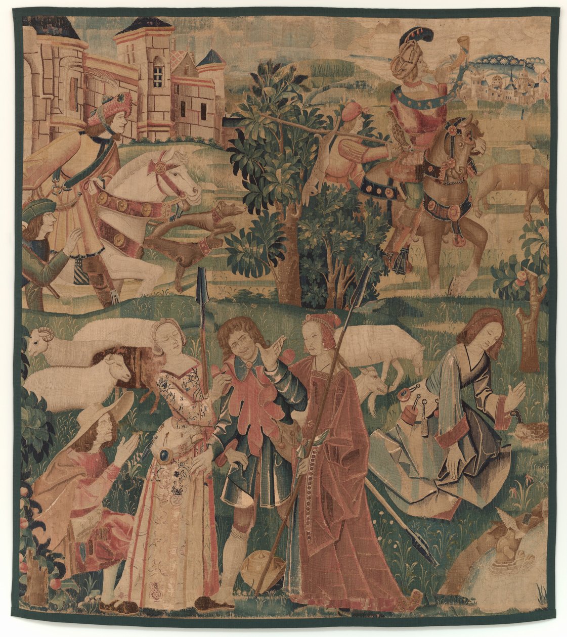 Sceny myśliwskie i pasterskie, z roześmianym mężczyzną między paniami autorstwa design probably French 16th Century, Paris; woven in southern Netherlands or Paris in an undetermine workshop