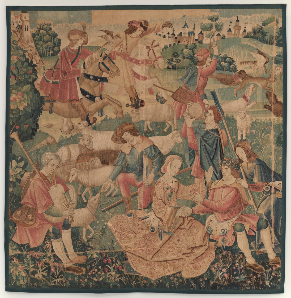 Sceny myśliwskie i pasterskie, z bohaterem owiniętym między damami autorstwa design probably French 16th Century, Paris; woven in southern Netherlands or Paris in an undetermine workshop